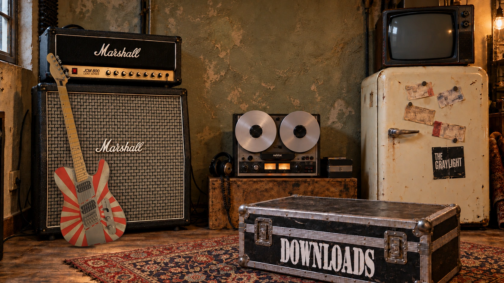 Warmer Proberaum mit Gitarre, Marshall-Verstärker, Bandplakaten, Tonbandgerät, Fernseher, Kühlschrank und Flightcase.